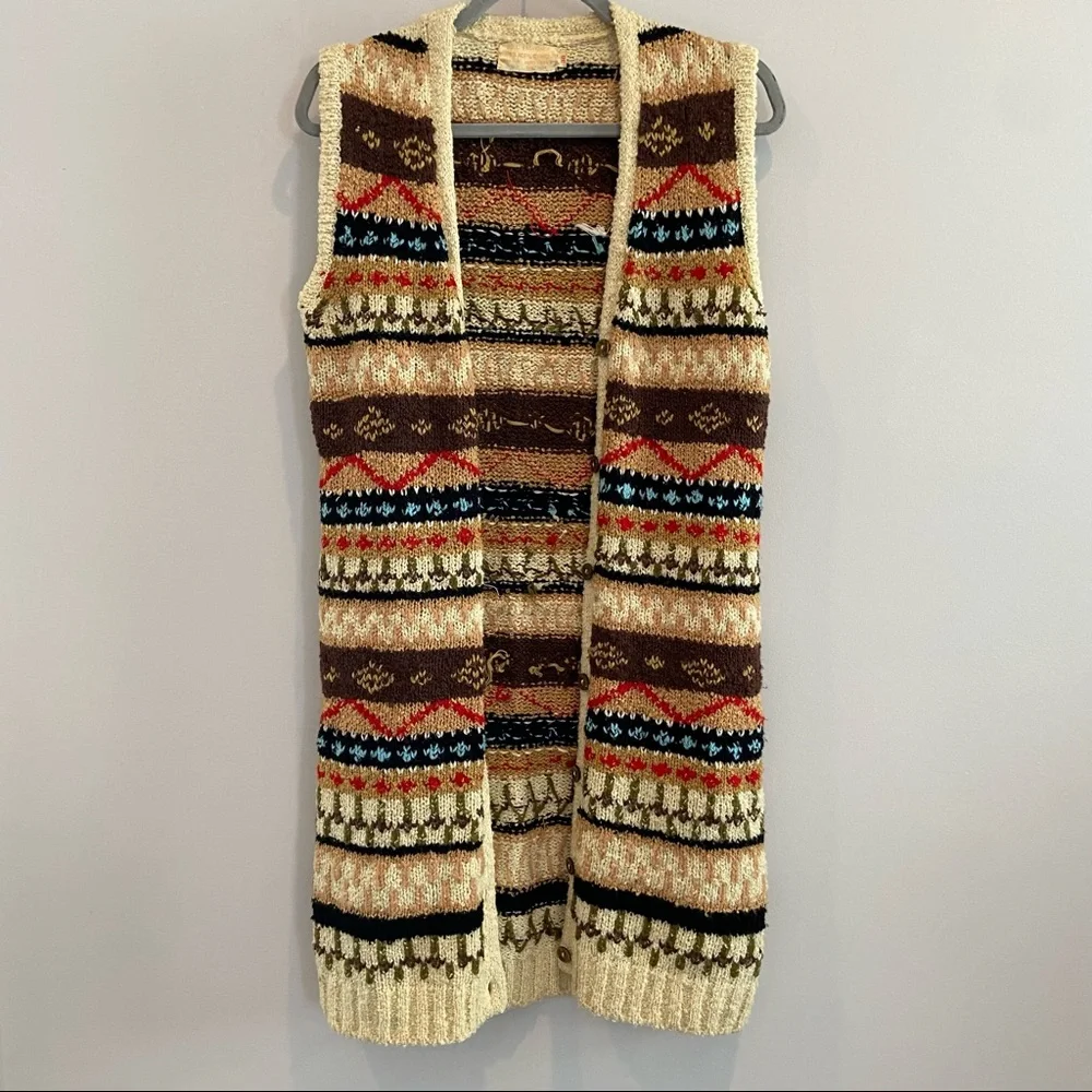VINTAGE 70’s Sweater Vest Southwestern Fair Isle Buttoned Cardigan Small